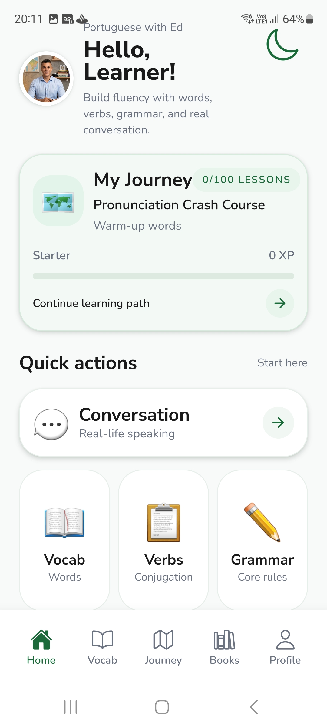 Home screen with My Journey and quick actions
