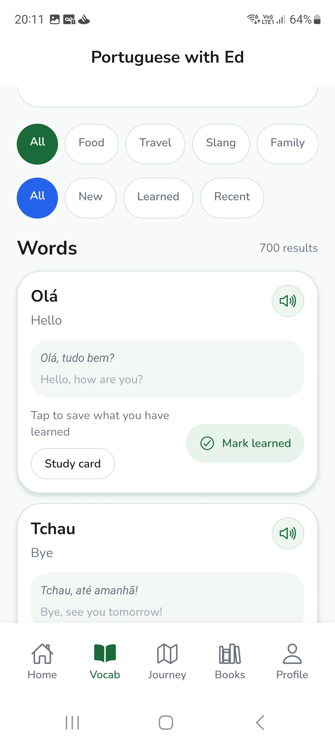 Vocabulary screen with filters and word cards